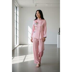 1960s Boho Dragon Embroidered Satin Pajamas, Size Medium, Oriental, Read